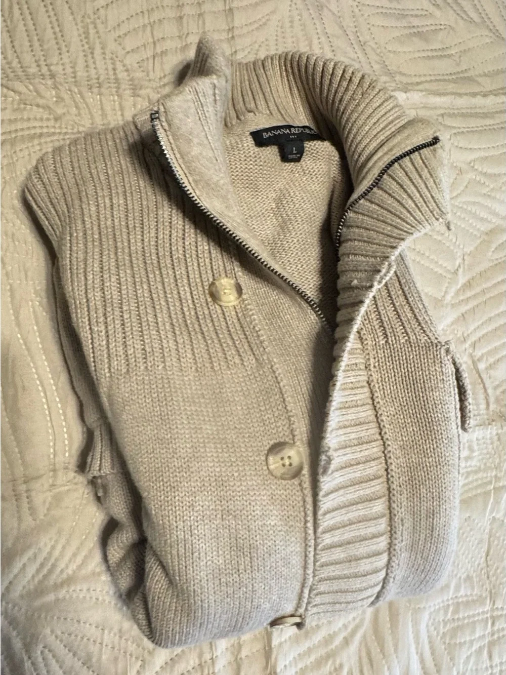 Banana Republic Men’s Cream Ribbed Zip & Button Cardigan Sz L